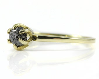 14K Yellow Gold Solitaire Ring with Rough Diamond - Black Raw Uncut Diamond - Classic Engagement Ring