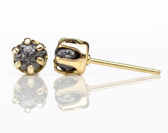 5mm Gold Post Earrings - 14K Gold Filled Ear Studs - Black Rough Diamonds - Raw Uncut Conflict Free Diamonds - April Birthstone