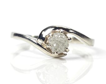 14K White Gold Solitaire Ring - White Raw Rough Diamond - Uncut Unfinished Diamond - Engagement Ring - 5mm Swirl Design - April Birthstone