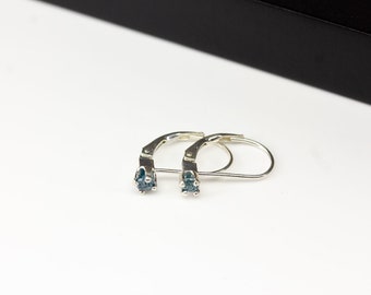 Blue Diamond Leverback Earrings in Sterling Silver - Rough Raw Diamonds Natural Uncut Conflict Free - April Birthstone - 4-prong Lever-Back
