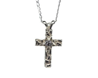 Textured Cross Necklace Black Rough Diamond - Sterling Silver Diamond-cut Long Curb Chain - Raw Diamond Cross