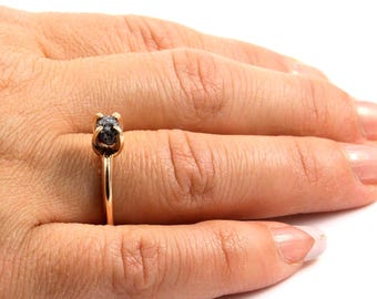 14K Gold Solitaire Ring with Black Raw Diamond - Jet Black Uncut Rough Diamond - Engagement, Wedding Ring