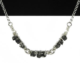 Bar Necklace With Textured Links and Wire-Wrapped Rough Diamonds - Sterling Silver Triple Bar Necklace - Raw Natural Diamonds