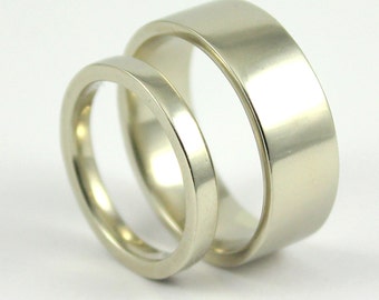 14K Gold Bands - His 8mm & Hers 3mm - Flat Design Set of Bands - White Yellow or Rose Gold Wedding Bands - Comfort Fit Bands