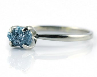 Engagement Ring with Blue Raw Diamond - 14K White Gold - Rough Conflict Free Stone - Solitaire Ring