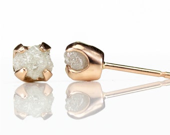 6mm Gold Post Earrings - 14K Rose Gold Earrings with Rough Diamonds - Natural Unfinished Raw White Stones - Ear Studs