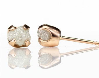 14K Rose Gold Earrings with Rough Diamonds - Natural Unfinished Raw Stones White - 6mm Gold Post Earrings