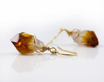 Natural Raw Citrine Earrings 14K Gold Filled or Sterling Silver - Yellow Citrine Gemstones - Wire Wrapped Rough Gemstone Jewelry