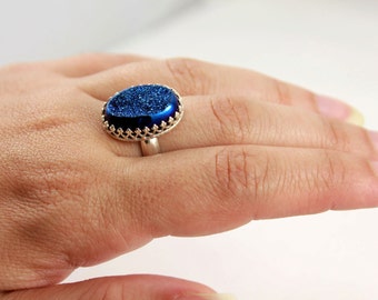 Natural Druzy Quartz Ring - Oval Sterling Silver Ring - Gallery Wire Bezel Set Ring - Cobalt Drusy Stone