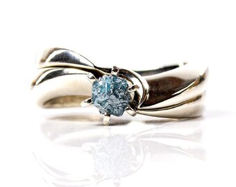 Raw Diamond Engagement Ring Set - 14K White Gold Twisted Design Ring - Wedding Ring Set - Blue Diamond - Uncut Unfinished Conflict