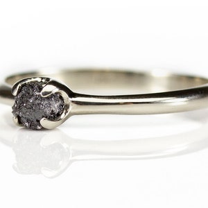 14K White Gold Simple Ring with Rough Diamond - Black Diamond Ring - Wedding Engagement Ring - Uncut Unfinished Diamond