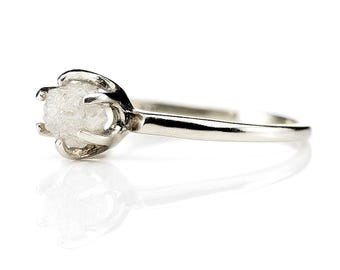 14K White Gold Rough Diamond Ring - Solitaire Ring with White Raw Diamond - Uncut Conflict Free - Classic Engagement Ring