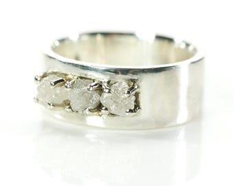 Wedding Ring with Rough Diamonds - 8mm Flat Design Band Comfort Fit - Sterling Silver or 14K White Gold - Conflict Free White Raw Diamonds