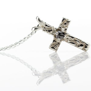 Textured Cross Necklace Black Rough Diamond - Sterling Silver Diamond-cut Long Curb Chain - Raw Diamond Cross
