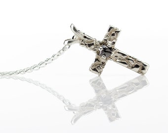 Textured Cross Necklace Black Rough Diamond - Sterling Silver Diamond-cut Long Curb Chain - Raw Diamond Cross
