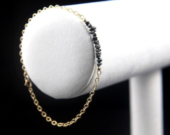 Rough Diamond Bracelet - Tough Diamond Bur Bracelet - 14K Gold Filled Ribbed Chain - Black Raw Diamonds - Bridesmaid Gift, Wedding