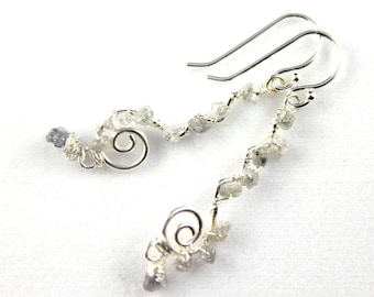 Wire Wrapped Rough Diamond Earrings - Sterling Silver Wavy Swirl Links - White Black or Blue Raw Diamonds - April Birthstone