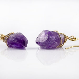 Natural Amethyst Earrings 14K Gold Filled - Purple Amethyst Gemstone - Wire Wrapped Rough Gemstone Jewelry