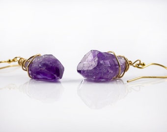 Natural Amethyst Earrings 14K Gold Filled - Purple Amethyst Gemstone - Wire Wrapped Rough Gemstone Jewelry