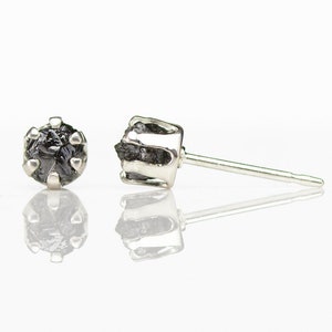 4mm Rough Diamond Post Earrings Sterling Silver - Raw Uncut Diamonds - Jet Black Diamonds - 6-prong Ear Studs