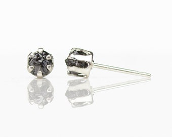 4mm Rough Diamond Post Earrings Sterling Silver - Raw Uncut Diamonds - Jet Black Diamonds - 6-prong Ear Studs