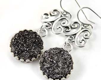 Filigree Earrings Sterling Silver - Mother's Day Gift - Druzy Earrings - Black Drusy Quartz Earrings - Bezel Set Earrings