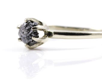 14K White Gold Solitaire Ring with Raw Diamond - Black Rough Uncut Diamond - Classic Engagement Ring - Promise Ring