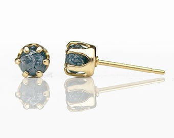 5mm Gold Ear Studs - 14K Gold Filled Post Earrings - Blue Raw Rough Diamonds - Uncut Conflict Free Diamonds - April Birthstone