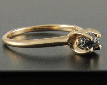 14K Gold Solitaire Ring with Black Raw Diamond - Jet Black Uncut Rough Diamond - Engagement, Wedding Ring