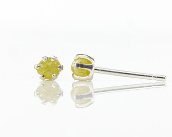 3mm Yellow Raw Rough Diamond Stud Earrings - Sterling Silver - Natural Conflict Free Diamonds