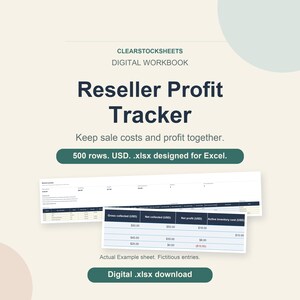 Könnte beinhalten: Eine digitale Arbeitsmappe mit dem Titel CLEARSTOCKSHEETS Reseller Profit Tracker. Das Dokument enthält eine Tabelle mit Spalten für Gross collected, Net collected, Net profit und Active inventory cost in USD. Eine .xlsx-Datei für Excel.