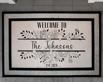 パーソナライズされた花柄のファミリーネーム入りドアマット、カスタムワイルドフラワーウェルカムマット、ボヘミアンファームハウス風玄関ポーチラグ