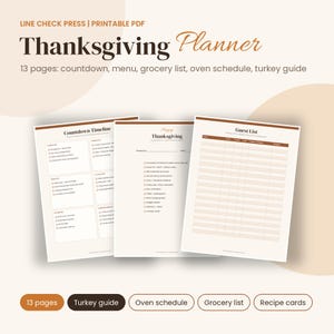 Può includere: Un planner stampabile di 13 pagine per il Ringraziamento in formato PDF, con cronoprogramma, lista degli ospiti e fogli per il menu. Il documento include sezioni per la guida al tacchino, il programma del forno e la lista della spesa.