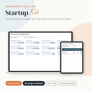 Op de afbeelding: Een digitale startup-kit voor Google Sheets, Excel en PDF met een Startup Dashboard en prijscalculator. De tekst bevat Startup Kit, Business plan, budget, pricing, break-even & launch plan, 8 calculators, 45-page workbook, LLC + EIN en Word template.