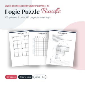 Utskrivbar logikpusselbok, 103 pussel, nonogram, Kakuro matematikburar, logiska rutnät, binära, svarsnycklar, hjärnspel för vuxna i PDF-format