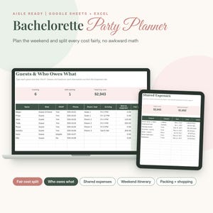 Peut inclure: Un tableur numérique de planification de fête de bachelorette pour Google Sheets et Excel affiché sur un ordinateur portable et une tablette. L'interface comprend des onglets pour le partage des coûts, les dettes, les dépenses et le planning.