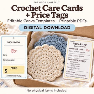 Puede incluir: Descarga digital de tarjetas de cuidado y etiquetas de precio para ganchillo con plantillas editables de Canva y PDF imprimibles. El diseño incluye una etiqueta con icono de ovillo y una tarjeta de cuidado para posavasos de algodón.