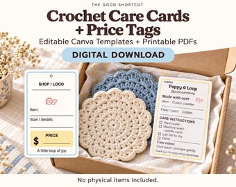 Tarjetas de cuidado y etiquetas de precio para ganchillo / Plantillas editables de Canva, insertos de embalaje imprimibles