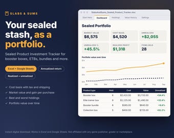 Tracker voor investeringen in verzegelde producten | Spreadsheet voor boosterboxen en ETB-portfolio's | Geannualiseerd rendement | TCG Excel en Google Sheets