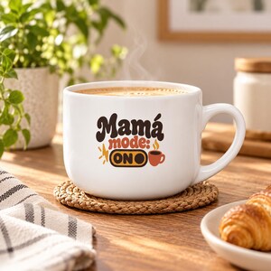 Puede incluir: Una taza de cerámica blanca con el texto en marrón y naranja Mamá mode: ON, un icono de rayo pequeño y un gráfico de taza de café. La taza se apoya sobre un posavasos tejido redondo y contiene una bebida caliente con vapor visible.