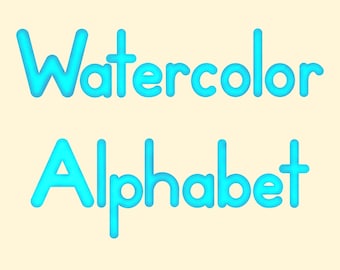 May include: The text Watercolor Alphabet is displayed in a bright cyan blue, rounded, bubble-style font against a solid, pale cream-colored background. The letters have a soft, three-dimensional appearance with subtle shading.