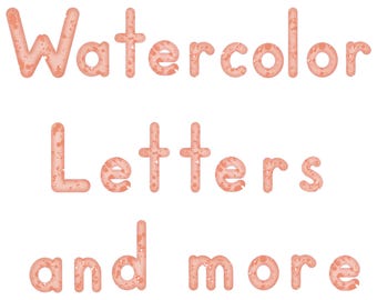 May include: The text Watercolor Letters and more is displayed in a rounded, bubble-style font. Each letter features a soft peach-colored base with a speckled, watercolor-inspired texture in varying shades of light orange and pink throughout.