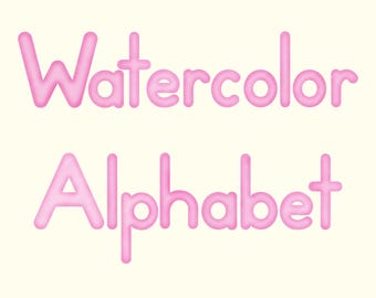 May include: The text Watercolor Alphabet is displayed in a soft, rounded, bubble-style font. The letters are a solid, light pink color with a subtle gradient effect, set against a plain, off-white, cream-colored background.