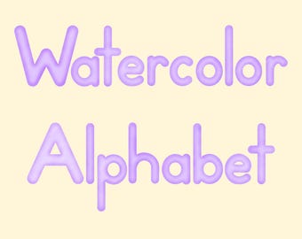 May include: The text Watercolor Alphabet is displayed in a rounded, light purple, three-dimensional font against a solid, pale yellow background. The letters have a smooth, glossy appearance with subtle shading that gives them a soft, inflated look.