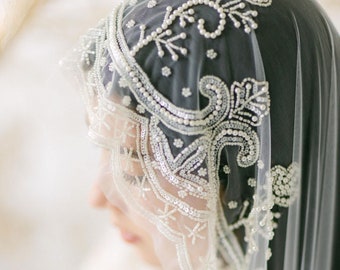 VALENTIN | Beaded edge wedding veil, scalloped wedding veil, Drop Veil, Mantilla Veil, Traditional Veil, Pearl Wedding Veil, Tulle V