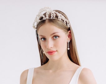 PERLE | Saatperlen Hochzeit Krone, Braut Kopfschmuck, Perle Brautkrone, Elfenbein Krone, Süßwasser Perlen Hochzeit Accessoires, Braut Stirnband