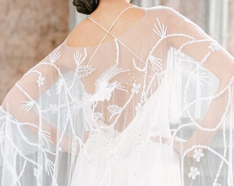 ELYSIAN | Beaded Bird Of Paradise Cape, bridal cape, bridal separates, cape veil, crystal cape, tulle cape, beaded wedding cape