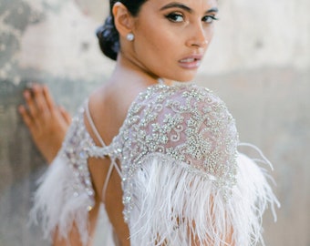 MIRTH | Crystal Ostrich Beaded Cape, bridal cape, bridal separates, cape veil, crystal cape, tulle cape, beaded wedding cape