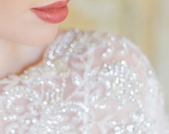PETIT COEUR | Silk pearl floral wedding cape, bridal cape, bridal separates, cape veil, crystal cape, tulle cape, beaded wedding cape