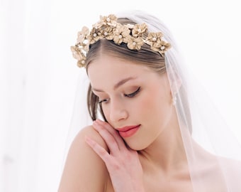 CORA | Gilded Porcelain Pearl Flower Wedding Crown, Floral Headpiece, Porcelain Headband, Wedding Headpiece, Gold Bridal Crown, Pearl Crown